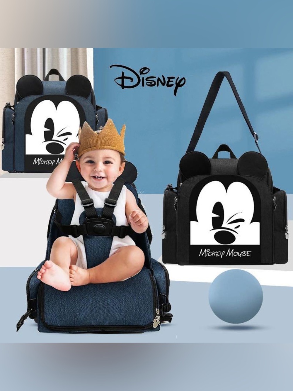 Disney Mickey Mouse Booster Seat Diaper Bag Backpack Crossbody tote black